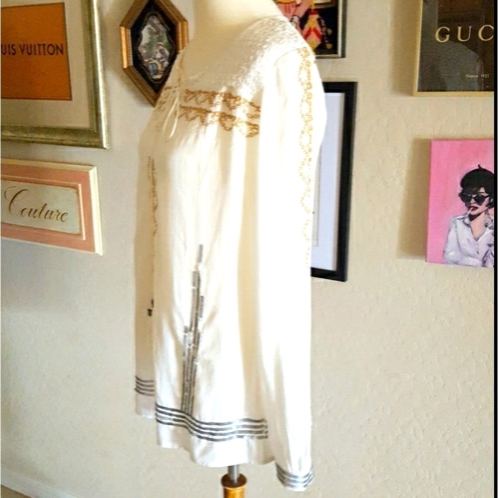 Sundance Ivory Embroidered Sequin Lace Up Boho Peasant Blouse Small - Picture 5 of 7